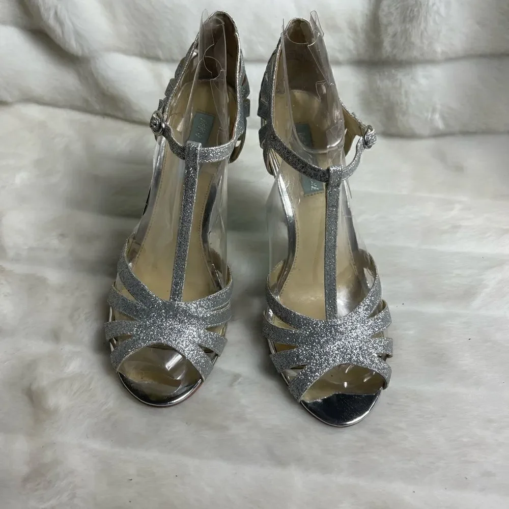 Betsey Johnson Blue silver glitter T strap sandals open toe ankle strap …